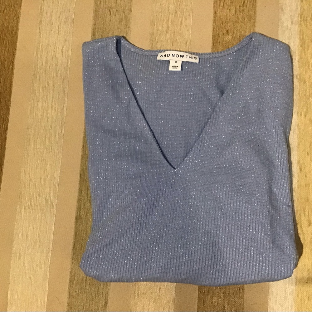 AND NOW THIS Powder Blue Shimmer V-neck Bodysuit (Medium)